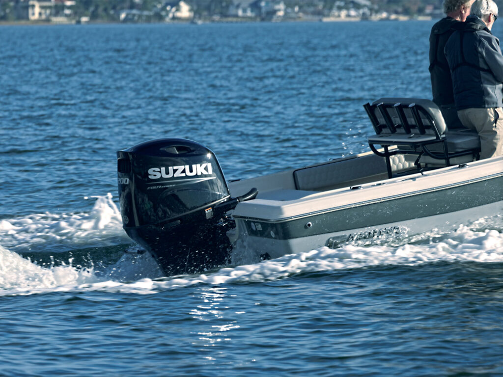 Suzuki outboard being tested on a Carolina Skiff
