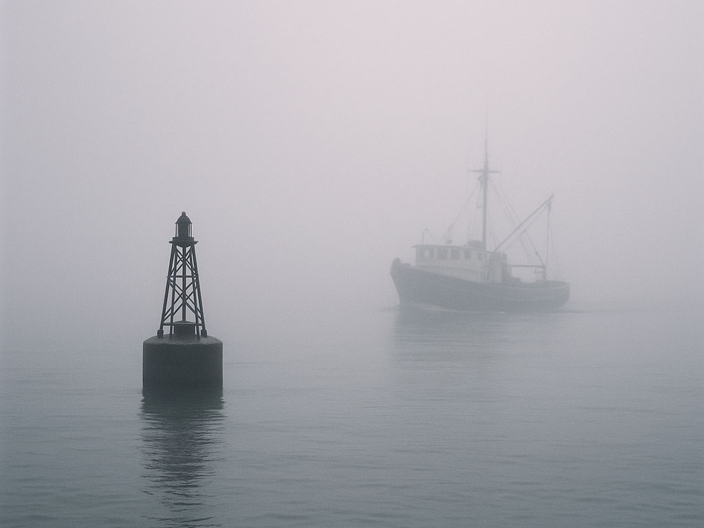 Boat idling in fog near buoy